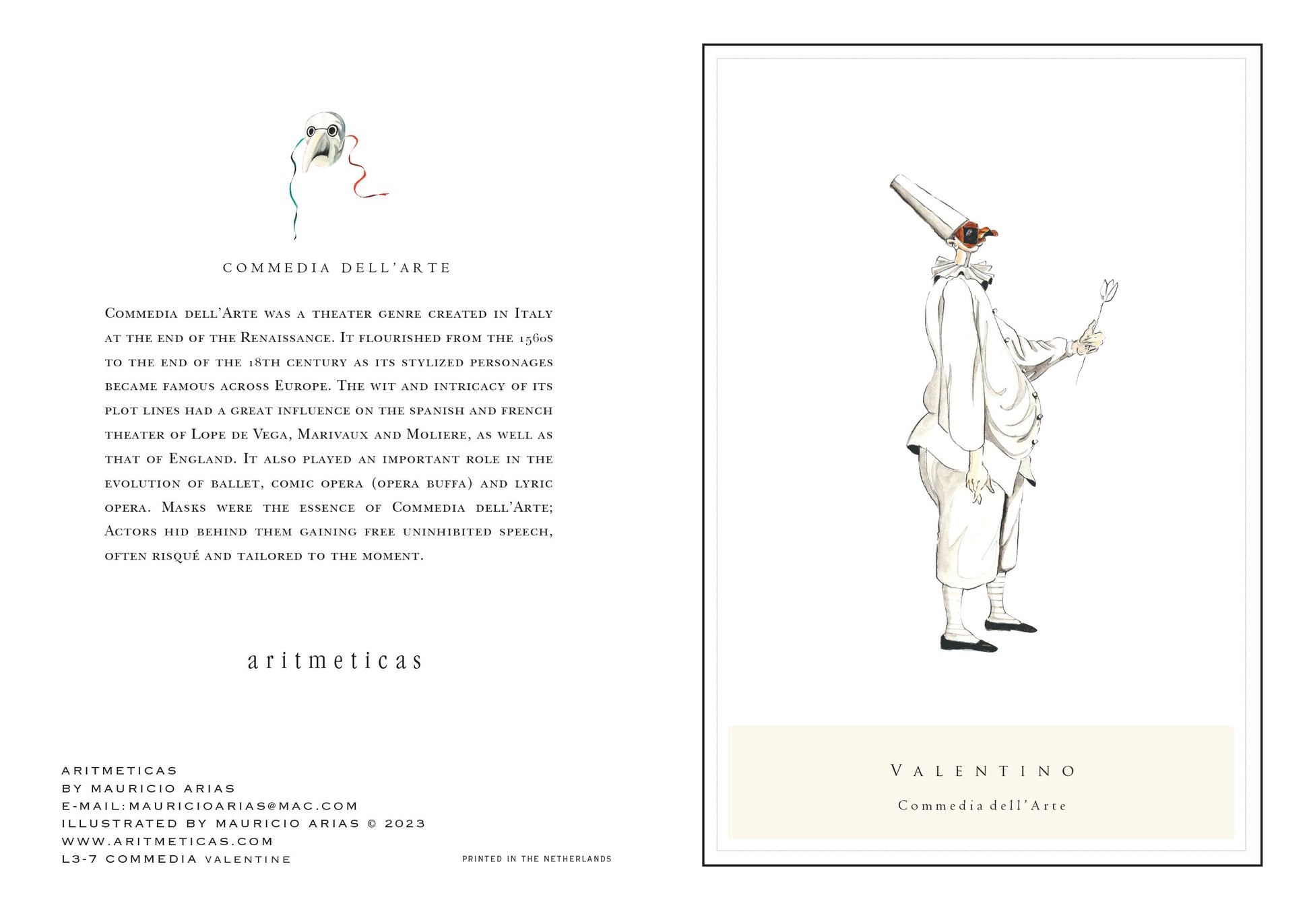 Aritmeticas Greeting Card "Commedia Valentino" ~ designed by Mauricio Arias